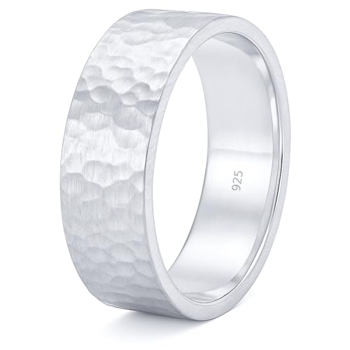 925 Sterling Silver Wedding Ring Hammered Flat Pipe Cut Textured Thick & Durable Handmade Unisex Mens & Women Rustic Engagement Promise Band - US Size 4-13 - Custom Engraving - color: 01 - 7mm Silver
