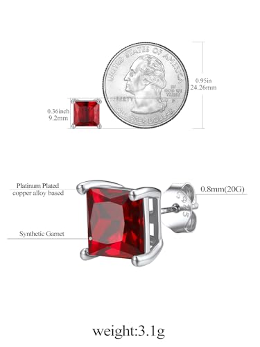 FindChic 2 Carat Birthstone Stud Earrings for Women, Round/Heart/Princess Cut Stud Earrings, Hypoallergenic Studs with 925 Sterling Silver Posts, 12 Months Birthday Jewelry Gift - color: 01. January-Garnet(Princess Cut)
