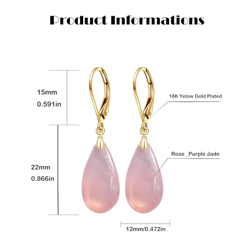 Natural Waterdrop Stone Drop Earrings,Yellow Gold Plated Real Genuine Teardrop Crystal Quartz Gemstone Dangle Earrings for Women Her - color: C01_Rose-Purple Jade