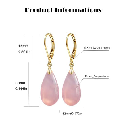 Natural Waterdrop Stone Drop Earrings,Yellow Gold Plated Real Genuine Teardrop Crystal Quartz Gemstone Dangle Earrings for Women Her - color: C01_Rose-Purple Jade