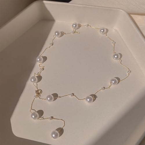 Boho Pearl Y Shape Necklaces for Women, Dainty 14k Gold Plated Pearl Beaded Chain Choker Necklace Trendy Jewelry Accessories Gift - style: Modern