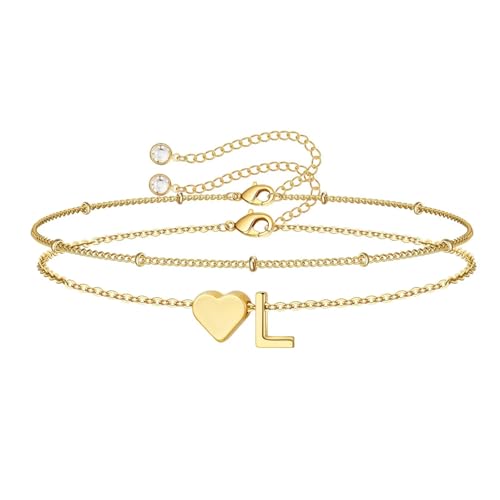 M MOOHAM Initial Bracelets for Women Teen Girls - Heart Letter A-Z Bracelet | Dainty 14K Gold Plated Jewelry, Heart Initial Bracelet, Bracelets for Women Girls Trendy, Birthday Gifts for Women Girls Her - color: Gold - L