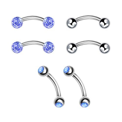 6pc 16G 6/8/10mm Bar Surgical Steel Curved Barbell Coated Crystal Eyebrow Ring Ear Body Piercing Jewelry Set - color: light blue