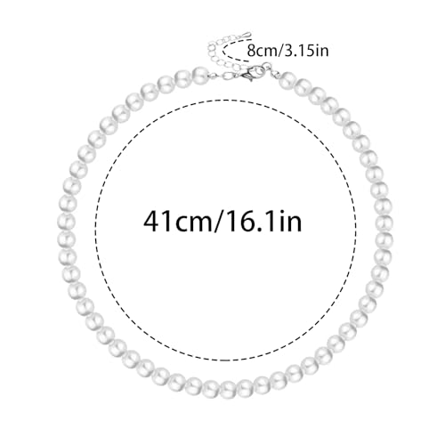 8mm Glass Pearl Necklace for Women, 16" Round Faux Pearl Strand Choker Necklace, Colorful Pearl Collar Necklace - color: White