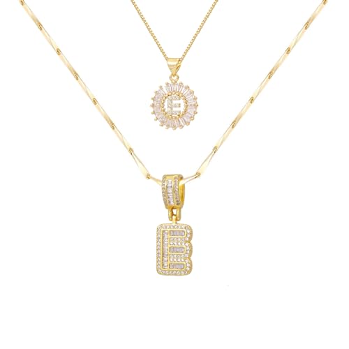 2PCS Initial Necklaces for Women, 14K Gold Plated Letter Pendant Set | Trendy Layered Bling Style, Meaningful Letter & Round CZ Pendant Design - color: Gold, style: Letter E