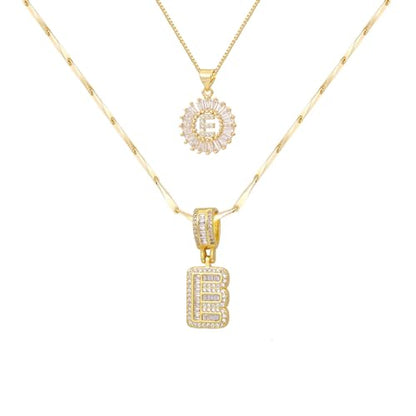 2PCS Initial Necklaces for Women, 14K Gold Plated Letter Pendant Set | Trendy Layered Bling Style, Meaningful Letter & Round CZ Pendant Design - color: Gold, style: Letter E