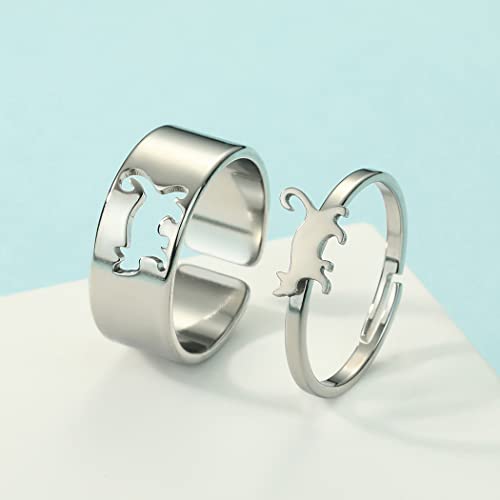 2PCS Matching Cute Animals Promise Engagement Rings for Couples Men Women Jewelry Band Sets 316L Stainless Steel Adjustable Open Ring - color: Cat-s