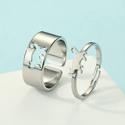 2PCS Matching Cute Animals Promise Engagement Rings for Couples Men Women Jewelry Band Sets 316L Stainless Steel Adjustable Open Ring - color: Cat-s