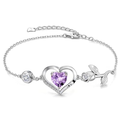 1CT Rose Heart Birthstone Bracelet for Women Love Gift - style: 06-Jun Light Purple Silver
