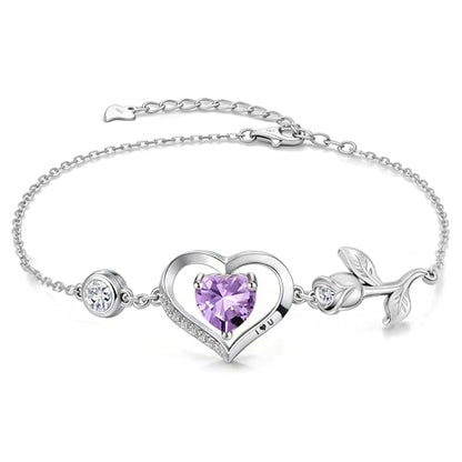 1CT Rose Heart Birthstone Bracelet for Women Love Gift - style: 06-Jun Light Purple Silver
