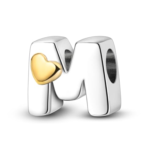 925 Sterling Silver Letter Charms A-Z for Bracelet Necklace Alphabet Bead | Heart letter A B C D G J charm initial gold Pendant beads Jewelry Gift for Women - color: Letter M