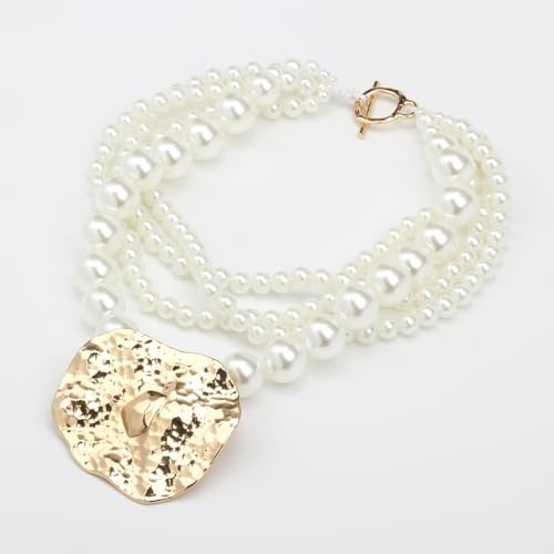 Multi Strand Bead Pendant Necklace for Women Stone Wood Pearl Jewelry | Gold Color Metal Charm Fashion Ethnic Tribal Elegant Statement - color: N1537-pearl