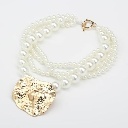 Multi Strand Bead Pendant Necklace for Women Stone Wood Pearl Jewelry | Gold Color Metal Charm Fashion Ethnic Tribal Elegant Statement - color: N1537-pearl