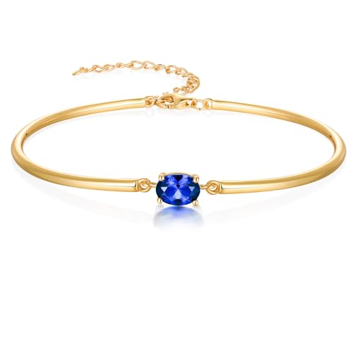 Moissanite/Sapphire/Ruby/Emerald Cuff Bracelet 1 Carat Oval Cut Center Stone Inlaid 925 Sterling Silver 14K Gold Plated Adjustable Birthstone Bangle for Women fit Wrist 5-7.5 Inch - color: Sapphire Gold