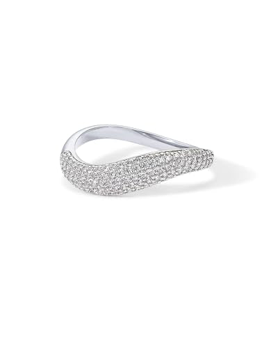 PAVOI 14K Gold Plated Wavy Cubic Zirconia Stackable Ring for Women | Twisted Wave CZ Band | Delicate Eternity Rings - color: White Gold