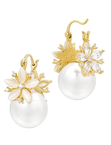 Big Pearl Drop Earrings for Women - 14K Real Gold Plated Quality Dangles for Elevated Casual or Elegant Gift - color: Elsa Gold