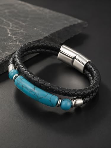 Mens Black Leather Obsidian/Turquoise/Tiger Eye/Red Agate Bracelet–Braided Multi‑Layer Wristband Cuff Bangle Bracelet with Stainless Steel Clasp Gift Jewelry Box Included - color: Style 3: Turquoise, size: 8.3in(Fits most wrists)