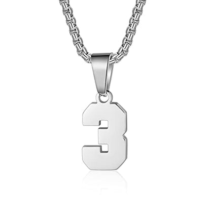Susook Number Necklace for Boy Black Athletes Number Stainless Steel Chain 00-99 Number Charm Pendant Personalized Sports Jewelry for Men Basketball Baseball Football - color: Silver, style: 3