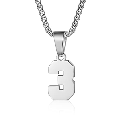 Susook Number Necklace for Boy Black Athletes Number Stainless Steel Chain 00-99 Number Charm Pendant Personalized Sports Jewelry for Men Basketball Baseball Football - color: Silver, style: 3