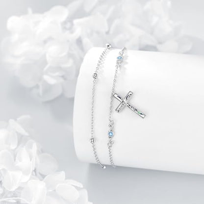 LUHE Cross Ankle Bracelets Sterling Silver Religius Double Chain Anklets Christian Baptism Layered Anklet Jewelry Gifts for Women - style: Luxury cross anklet