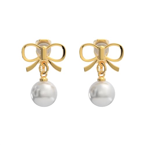 Simulated Pearl Clip On Stud Earrings - style: Gold Tone Bow with Dangling Pearls