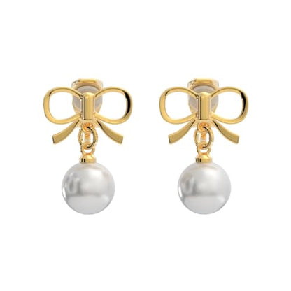 Simulated Pearl Clip On Stud Earrings - style: Gold Tone Bow with Dangling Pearls