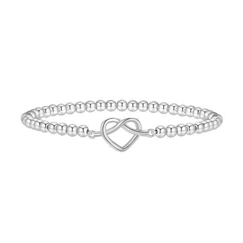 Beaded Bracelets for Women 14K Silver Gold Plated Stretch Handmade Ball Bracelets Cute Charm Bracelet Dainty Stackable Cross Heart Bow Wave CZ Circle Trendy Jewelry Easter Gifts - color: knot-heart-silver