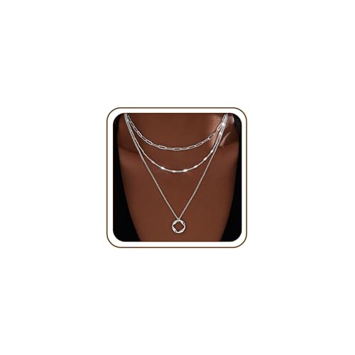 Poxtex Layered Gold Necklaces for Women, Stackable Dainty 14K Gold Silver Plated Trendy Simple Heart Diamond Cross Bow Circle Pendant Paperclip Choker Dot Chain Necklace,Jewelry Set Gifts for Women - color: Silver, style: Circle1