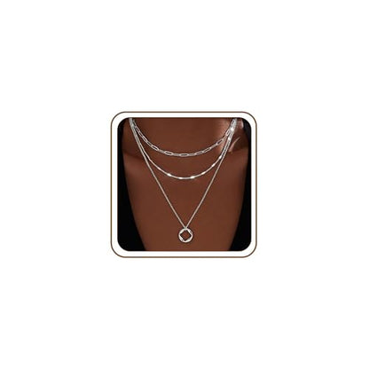 Poxtex Layered Gold Necklaces for Women, Stackable Dainty 14K Gold Silver Plated Trendy Simple Heart Diamond Cross Bow Circle Pendant Paperclip Choker Dot Chain Necklace,Jewelry Set Gifts for Women - color: Silver, style: Circle1