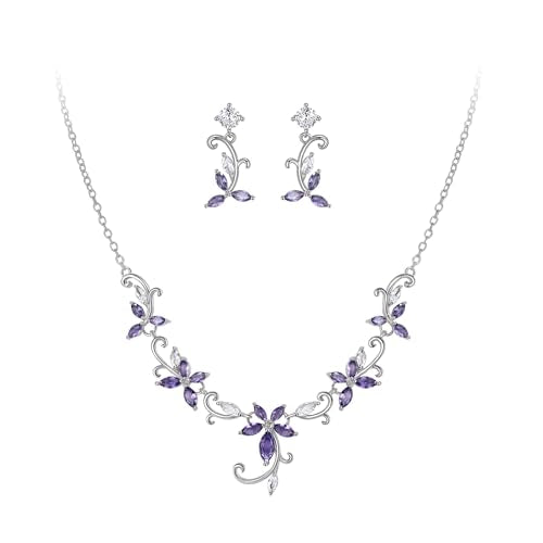 Crysdue Flower Leaf Wedding Jewelry Set for Bridal Bridemaid, Cubic Zirconia Teardrop Elegant Silver/14K/Rose Gold Plated Vine Necklace Dangle Earrings for Prom Party - style: A_Purple