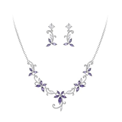 Crysdue Flower Leaf Wedding Jewelry Set for Bridal Bridemaid, Cubic Zirconia Teardrop Elegant Silver/14K/Rose Gold Plated Vine Necklace Dangle Earrings for Prom Party - style: A_Purple