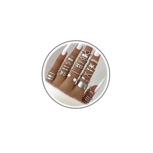 22Pcs Gold Plated Knuckle Rings Set for Women,Boho Dainty Stackable Joint Finger Midi Ring Pack Simple Cute Pearl Butterfly Heart Rings Adjustable Statement Jewelry Mixed Size - color: Silver