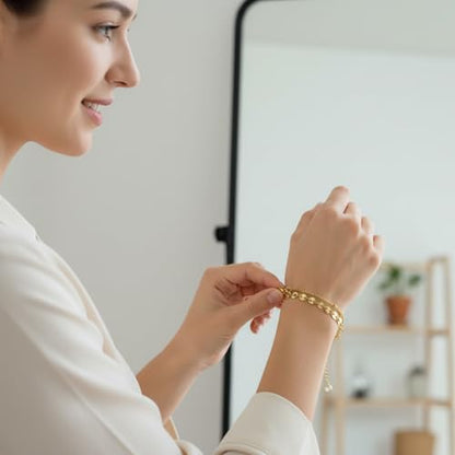 Solza 2 Layer Gold Plated Bracelet – Stainless Steel Adjustable Layered Chain with 3mm Beads, 18K Gold Plated Non Tarnish Jewelry for Women, Elegant Beaded Bracelet Stack for Everyday Wear - style: Coin Chain