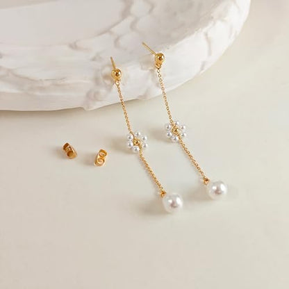 IMBOS Pearl Earrings 14k Gold Plated Daisy Flower Stud Earrings for Women Ball Stud Flat Back Earring Hypoallergenic Statement Earring Trendy Jewelry Gift for Women - color: Gold-Dangle Pearl Flower