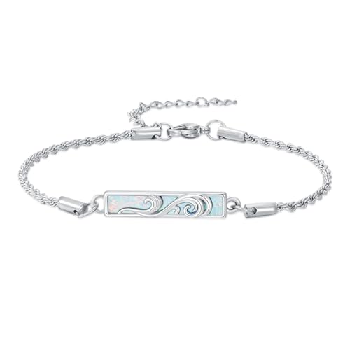 Waves/Tree of Life/Mushrooms/Moon Phase/Butterfly/Hummingbird Bracelet/Anklet 925 Sterling Silver Adjustable Abalone Shell Bar Bracelet/Anklet Summer Jewelry Gifts for Women - color: Waves-Opal, size: Bracele 7"+2"