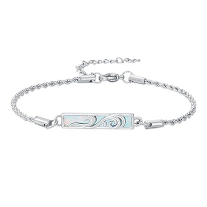 Waves/Tree of Life/Mushrooms/Moon Phase/Butterfly/Hummingbird Bracelet/Anklet 925 Sterling Silver Adjustable Abalone Shell Bar Bracelet/Anklet Summer Jewelry Gifts for Women - color: Waves-Opal, size: Bracele 7"+2"
