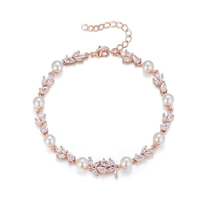 EVER FAITH Gorgeous Cubic Zirconia Pearl Wedding Link Bracelet for Bride | Marquise Teardrop Crystal Bridal Prom Jewelry, for Women Bridesmaids - style: Leaf_Clear Rose Gold-Tone