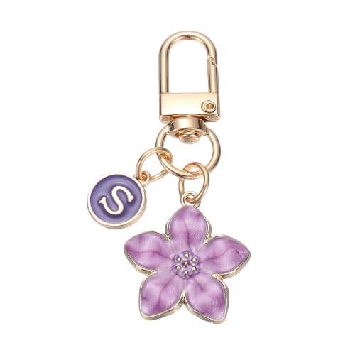 PATIKIL Flower Initial Keychain, Letter Keychain Charm Graceful Flower with Letter for Women Pendant Key - color: Purple