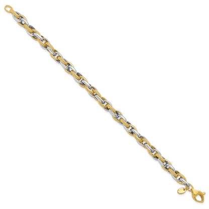 14K Two-tone Gold Polished and Textured Fancy Link Chain Bracelet 7.5"