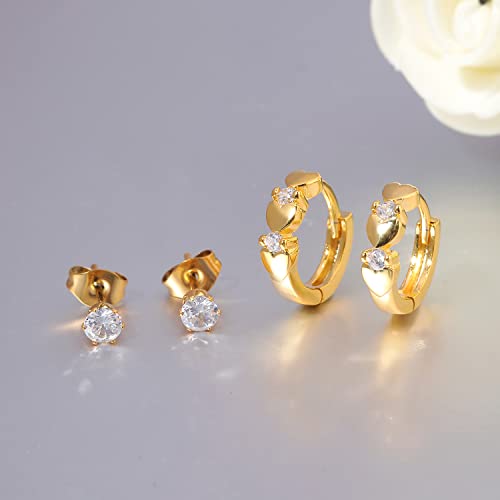 CiNily 14K White Gold Plated Small Hoop Earrings for Women Girls Heart Cubic Zirconia Hypoallergenic Earrings - color: Studs set-gold-white