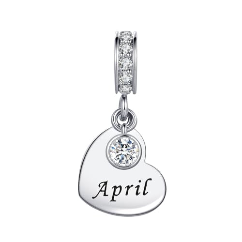 NARTGO January-December Birthstone Birthday Charm Heart Dangle Beads Jewelry Gift for Women Compatible with Pandora Bracelets & Necklaces - style: April Birthstone
