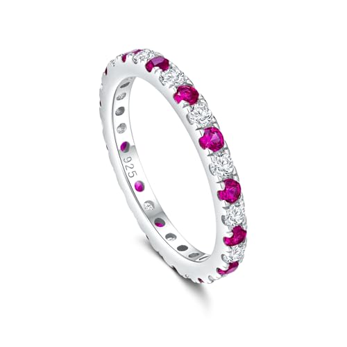 Full Eternity Band 2.4mm Wide Sterling Silver or Gold Color Stackable Birthstone and CZ Anniversary Bands Wedding Ring for Men Women, Comfort fit and Hypoallergenic - color: ruby & cz