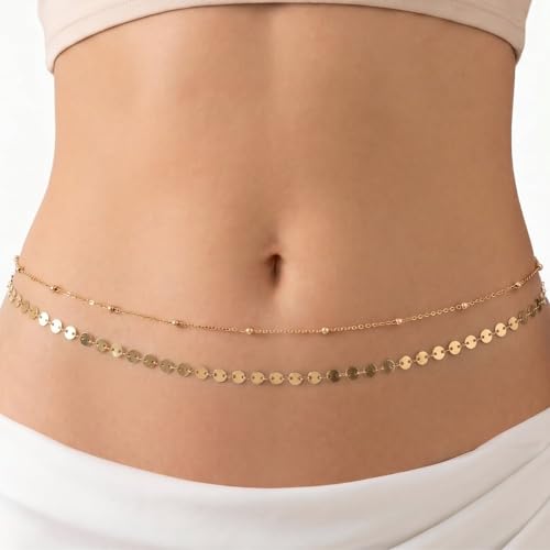 Gold Belly Waist Chain for Women | Layered Belly 14K Gold Plated Chain Adjustable Bikini Belly Beads Body Chain Waterproof | Jewelry Gift - color: Style 2
