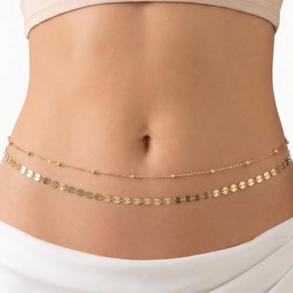 Gold Belly Waist Chain for Women | Layered Belly 14K Gold Plated Chain Adjustable Bikini Belly Beads Body Chain Waterproof | Jewelry Gift - color: Style 2