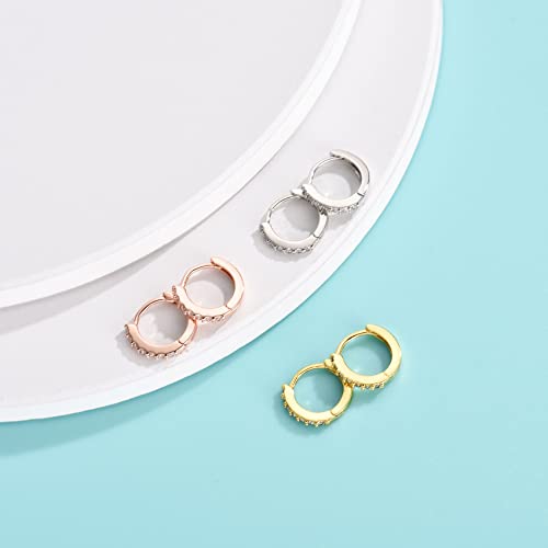 Silver Hoop Earrings for Women, 3 Pairs Small Sterling Silver Huggie Earrings | Tiny Cubic Zirconia Cartilage Cuff Earrings Hoop Piercing Jewellery for Men Teens (8mm/10mm/12mm) - color: 3 Pairs(8mm*3)-Silver/Gold/Rose gold