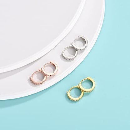Silver Hoop Earrings for Women, 3 Pairs Small Sterling Silver Huggie Earrings | Tiny Cubic Zirconia Cartilage Cuff Earrings Hoop Piercing Jewellery for Men Teens (8mm/10mm/12mm) - color: 3 Pairs(8mm*3)-Silver/Gold/Rose gold