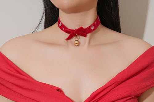 FOSIR Velvet Choker for Slender Neck, 14k Gold Plated Sainless Steel Heart/Snowman/Deer/Hat/Tree/Bell/Pendant Collar Necklace for Women, Adjustable Soft Skin-Friendly Velvet Jewelry Gifts - color: Red Choker- Bell