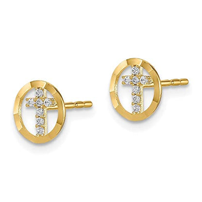 14k Yellow Gold Cubic Zirconia Diamond-Cut Circle Cross Stud Earrings Len-0.29 In
