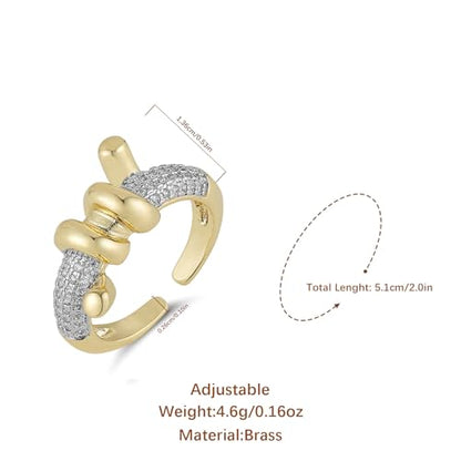 HZMAN Brass Crystal Adjustable Open Ring Collection, Multi-Style Statement Rings for Women & Men, Mix Cut & Paved Crystal Designs - color: Twisted Knot Ring