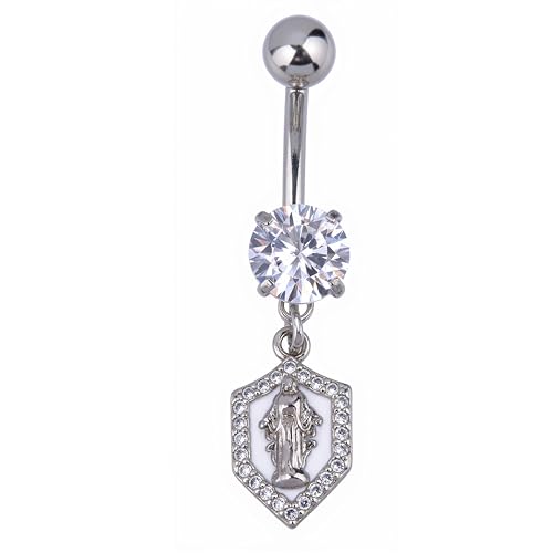 B BodyPJ Sparkles 14G Religious Belly Button Ring with Crystal Cross and Religious Charms, Stainless Steel - style: Type C,Silver